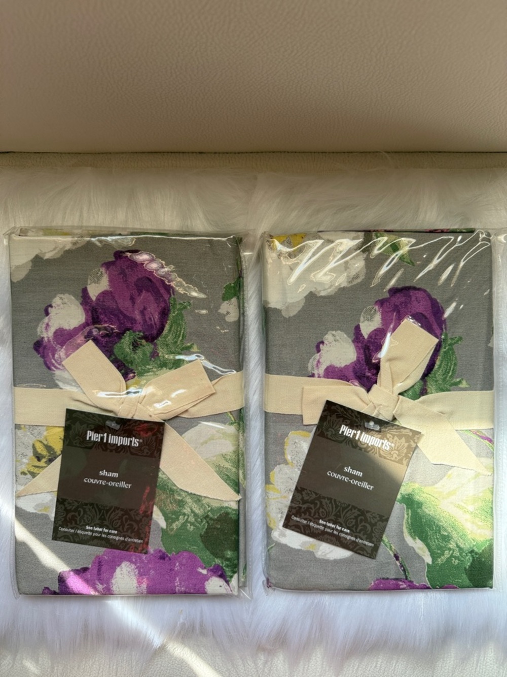 Pier 1 Gray Floral Pillow Sham with Purple and Green Accents - Set of 2